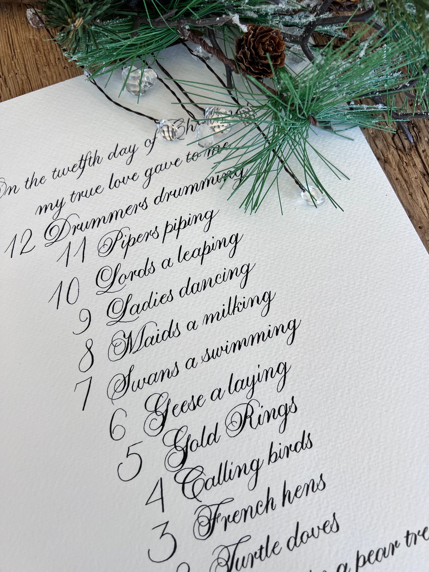 12 Days of Christmas Handwritten Calligraphy Carol 9"x12"