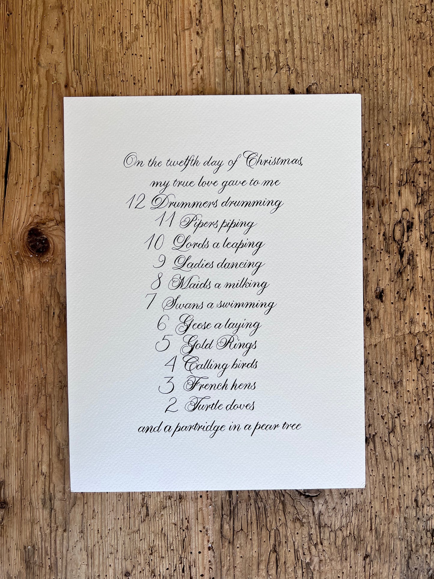 12 Days of Christmas Handwritten Calligraphy Carol 9"x12"