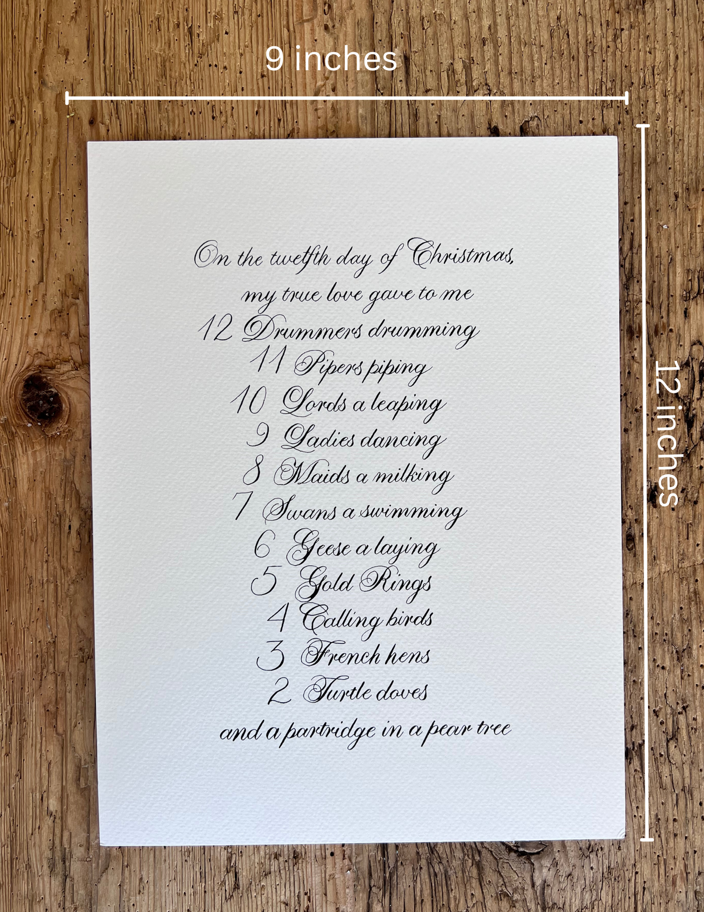 12 Days of Christmas Handwritten Calligraphy Carol 9"x12"